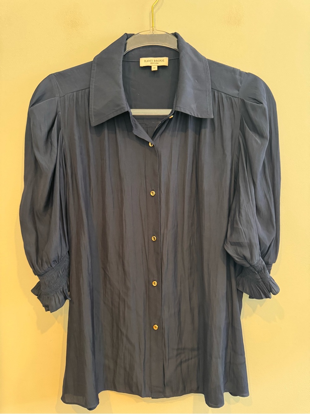 Ramy Brook Navy Blue Puff Sleeve Satin Button Down Blouse Size M